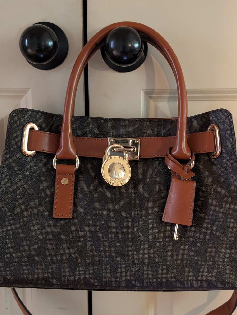 Michael Kors Brown and Tan Logo Small Hamilton Satchel with Gold Hardware